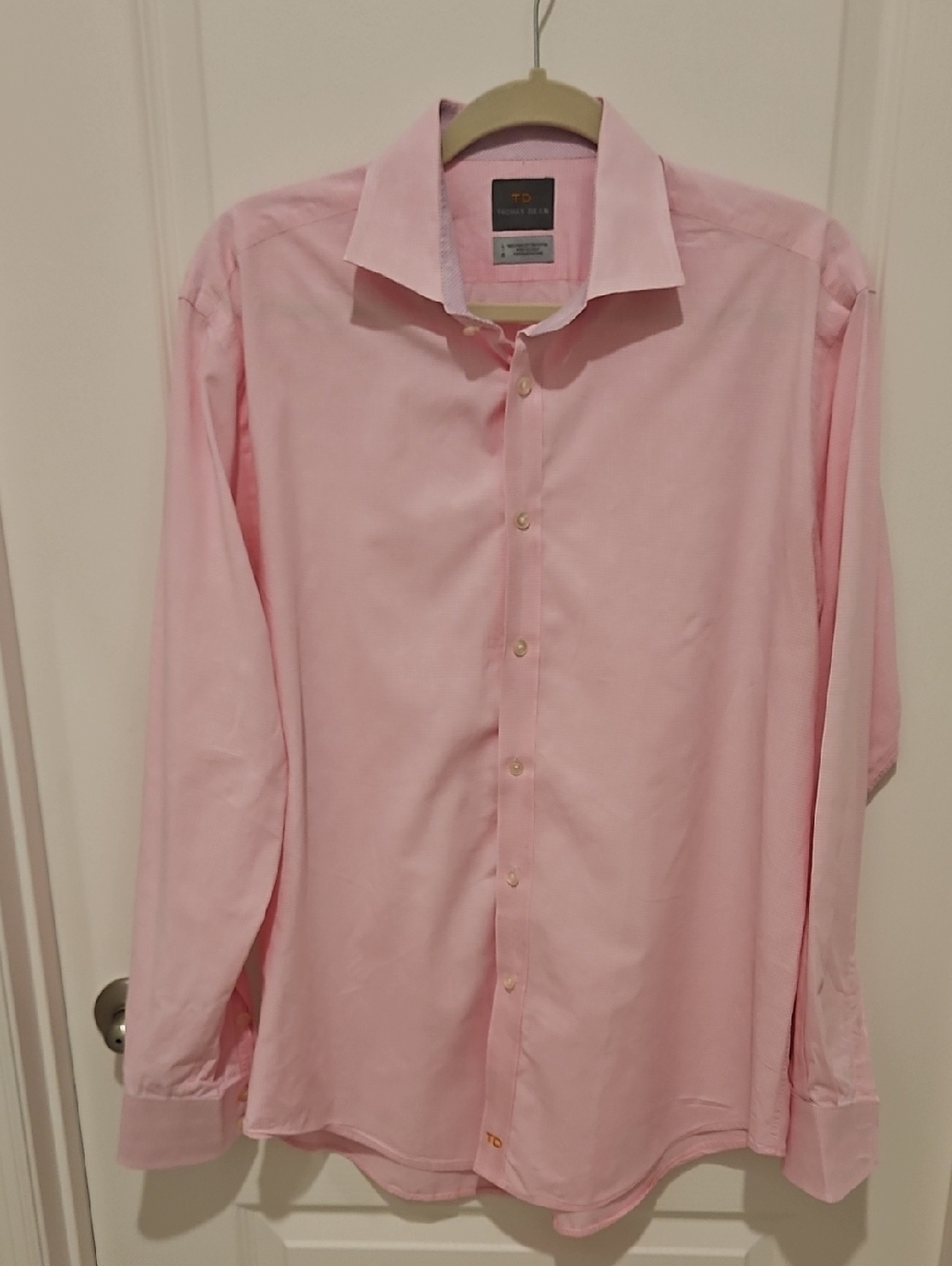 Thomas Dean Men's Classic Pink Check  Dress Shirt Size L